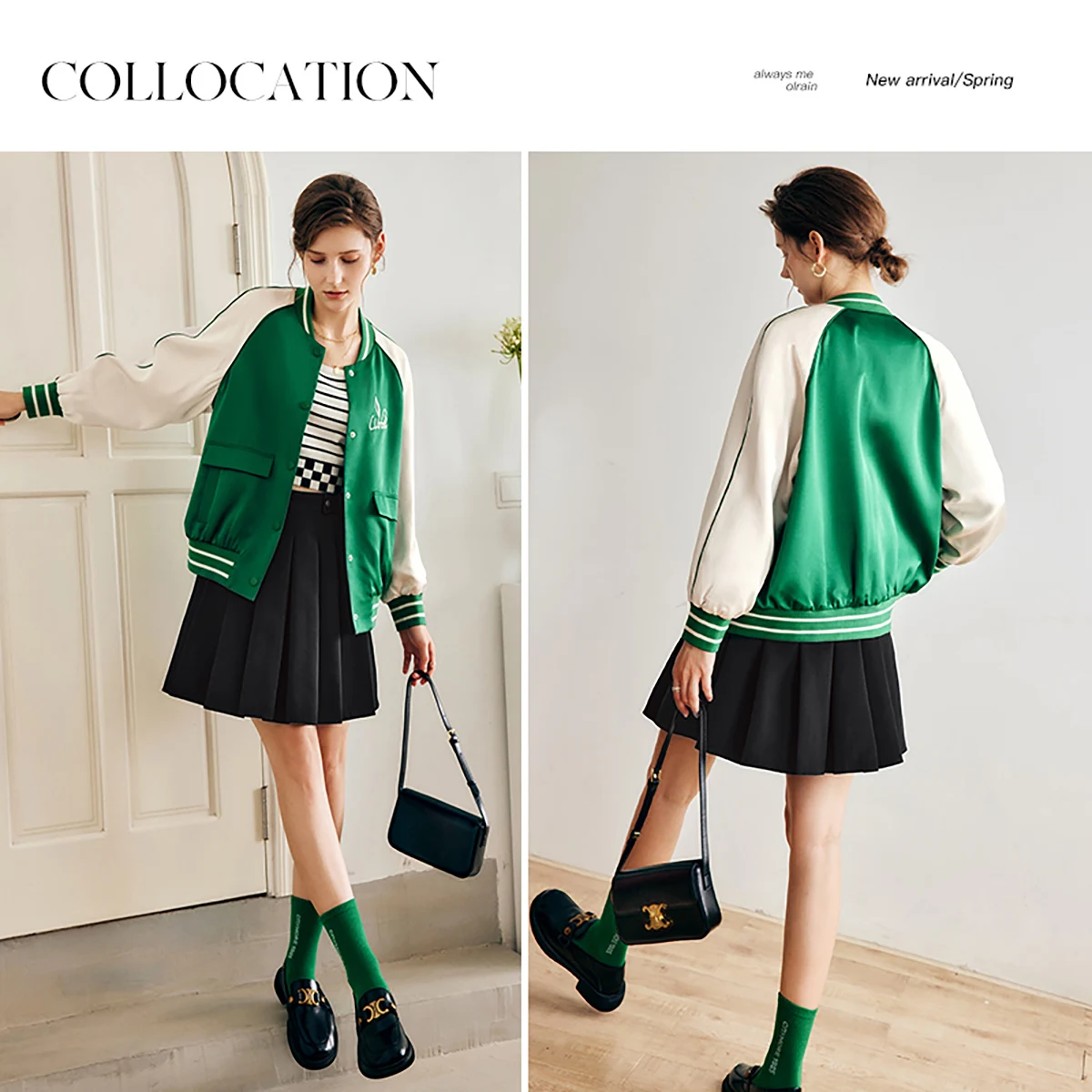 

OLrain матовые атласные бейсбольные куртки для женщин, осень 202, французские контрастные вышитые пальто, свободная женская верхняя одежда O22QW63003