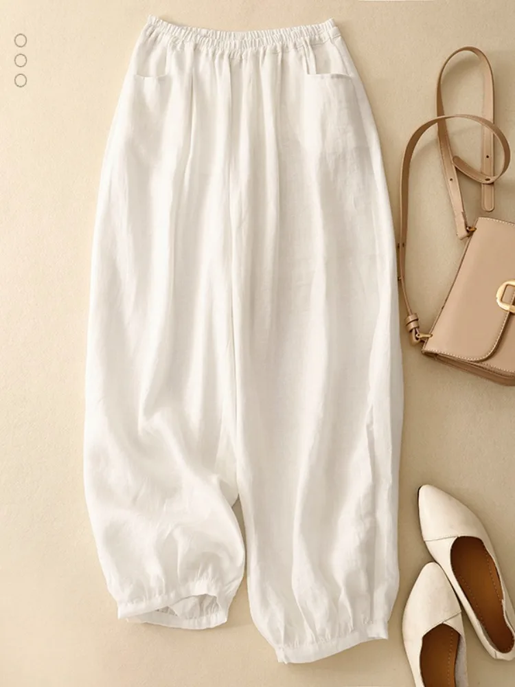 Pantaloni lanterna estivi in cotone e lino sottile da donna Elastico in vita di grandi dimensioni Nascondi pantaloni di lino casual a gamba larga per mamma sottile