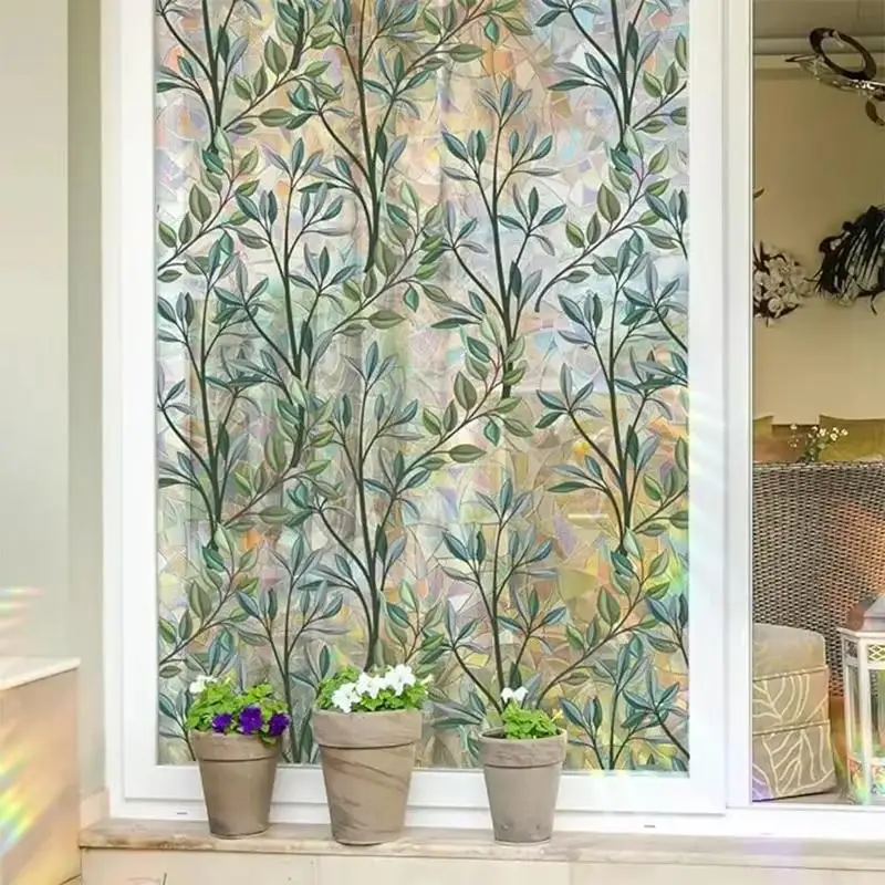 Static Cling Stained Glass Window Film Green Leaf Pattern Privacy Protection Light Transmitting For Home Kitchen Office Bathroo