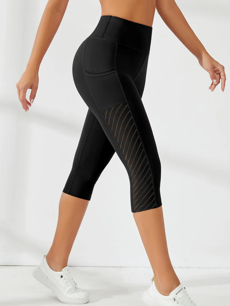Hochtaillierte, hüfthebende und bauchformende Workout-Caprihose, nahtlose Caprihose mit Mesh-Einsätzen, sportliche Freizeithose für Damen – Detail 7