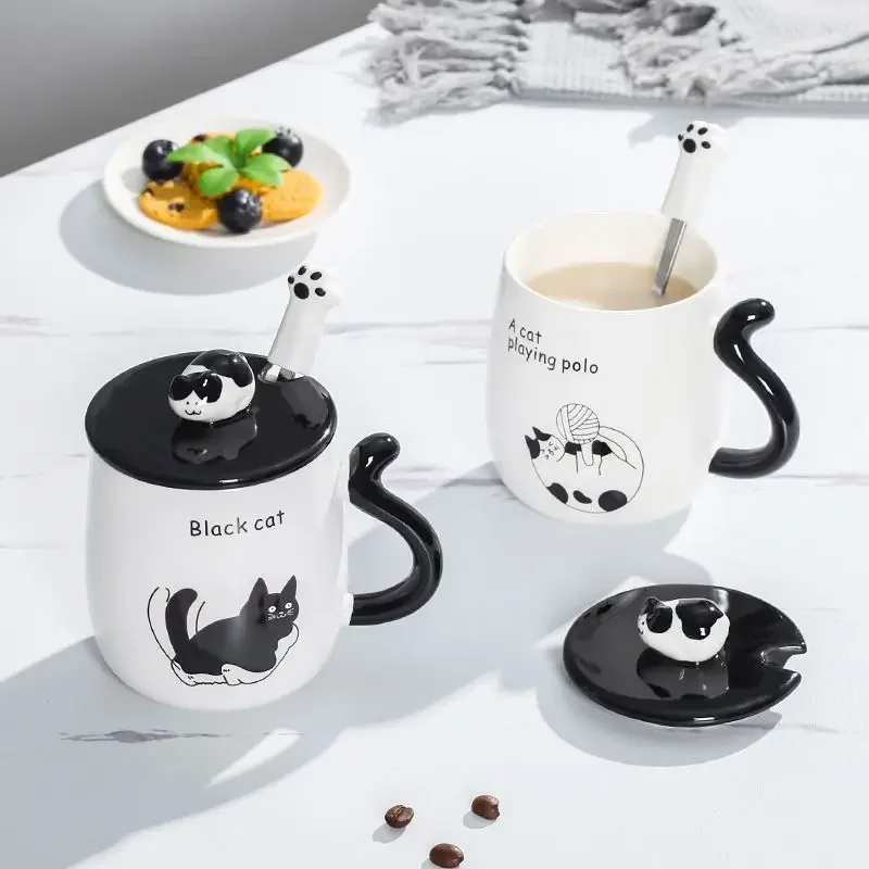 Cartoon Cat Ceramic Mug, Birthday Gift Cute Coffee Cup with Lid, Tail Handle Unusual Mugs Personalized Gifts Drinkware