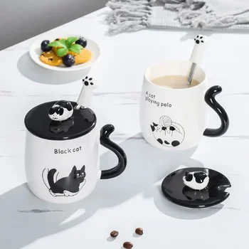 Cartoon Cat Ceramic Mug, Birthday Gift Cute Coffee Cup with Lid, Tail Handle Unusual Mugs Personalized Gifts Drinkware