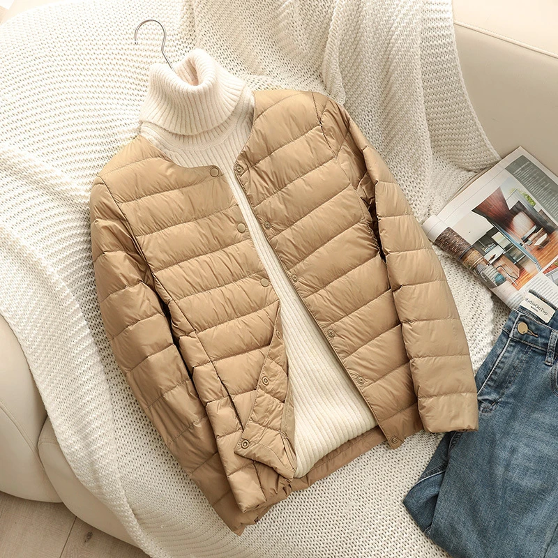 

Lightweight Down Jacket Autumn Winter New Solid Round Neck Single Breasted Long Sleeve White Duck Women Short Cotton Coat Trend