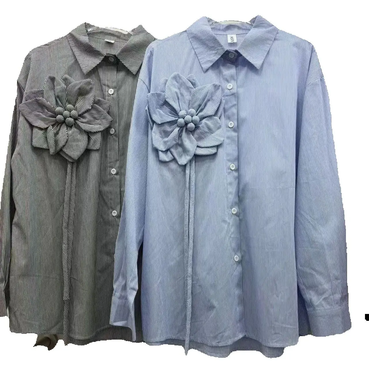 Nieuw in grote bloemen borduurwerk katoenen streep shirts blouses voor dames met lange mouwen losse casual zoete chique tops blusas