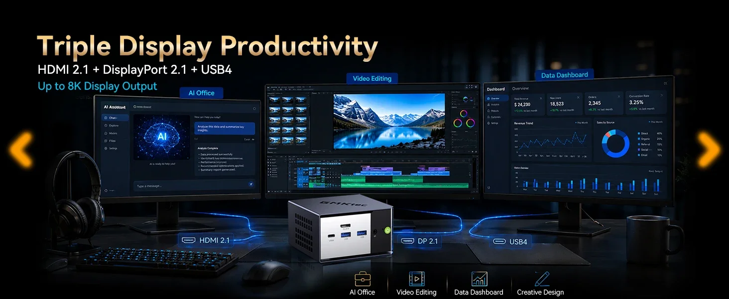 GMKtec EVO-X1 Pro Ryzen AI 9 HX 470 Powerful AI PC LPDDR5 64GB 2*M.2 2280 SSD WIFI7 BT5.4 Windows 11 Pro Mini PC Gaming Computer
