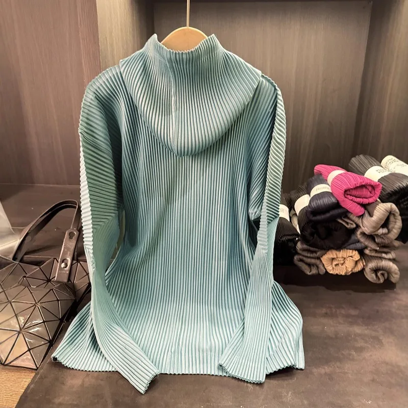 Miyake Geplooid Rits Vest Jas Dames Met Capuchon 2025, Herfst Nieuwe Veelzijdige Casual Geplooide Effen Kleur Dunne Blouse Dameskleding