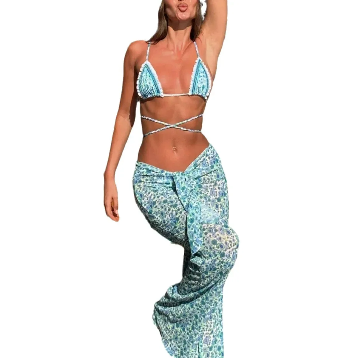 3 ชิ้นเซ็กซี่บิกินี่ Push UP ชุดบิกินี่ผู้หญิงชุดว่ายน้ําชุดว่ายน้ําหญิง 2024 COVER-UPS ชุดว่ายน้ํา Beachwear พิมพ์กางเกง