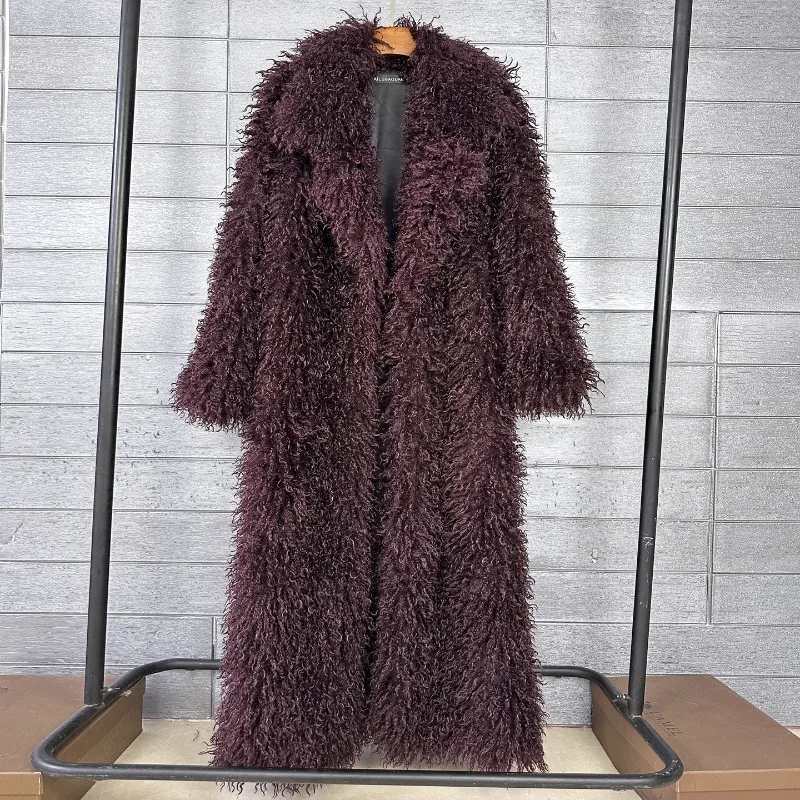 Fashion Faux Mongolia Sheep Fur Coat Women's X-long Fur Overcoat Autumn Winter Turndown Collar Coats Streetwear Furry Outerwear