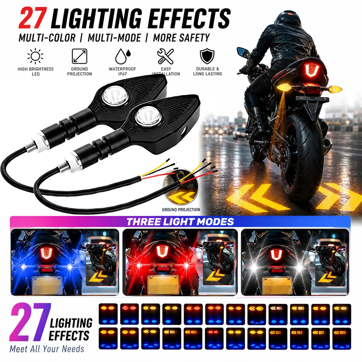 2PCS Motorcycle LED Turn Signal Light with Projection Lamp Highlight Warning Light Sequential Flowing Flash Lights Running Light