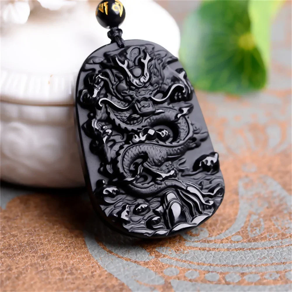55x42mm Natural Black Obsidian Carved Chinese Handwork Classic Dragon Amulet Lucky Pendant Beads Necklace Trendy Gift Jewelry