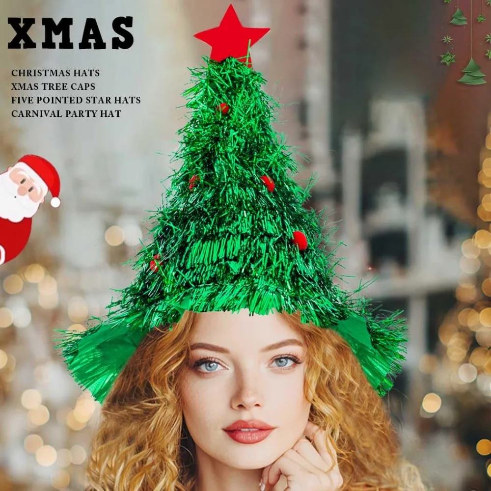 Christmas Tree Hat, Glitter Santa Cap Topper, Festive Holiday Party Headwear for Costume, Decoration & Themed Events
