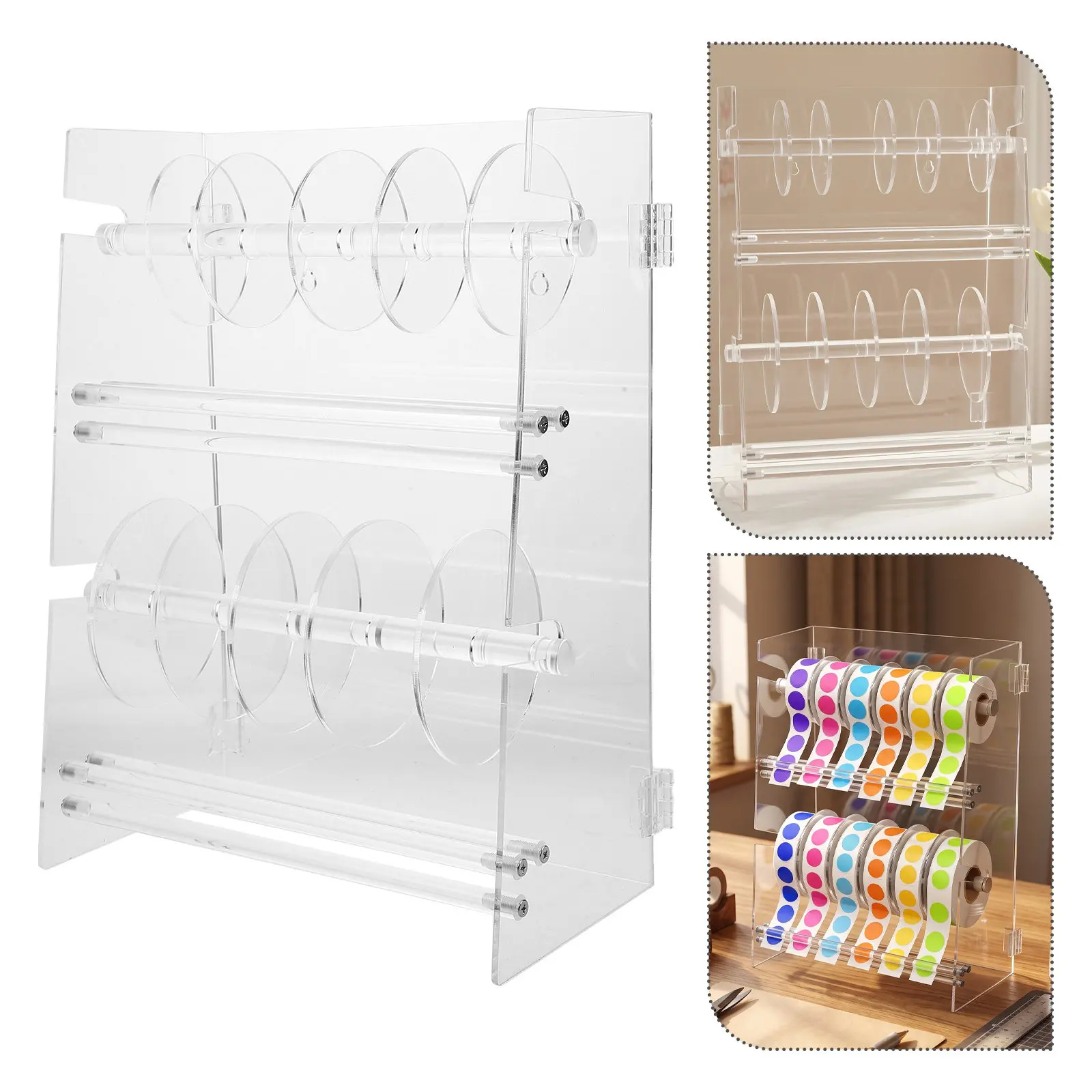Acrylic Clear 2 Tier Label Dispenser Adjustable Sticker Roll Holder Transparent Tape Organizer for Desktop Office Classroom