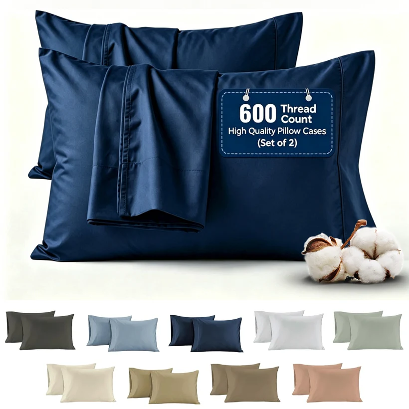 100% Egyptian Cotton 2 Pieces Pillowcase Super Soft Cozy Envelope Closure Pillow Cases 600TC Cotton Pillow Cover Sateen Weave