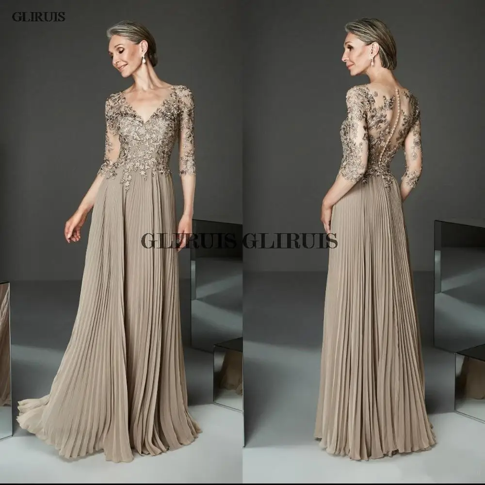 

Mother of the groom dresses bride evening gowns 3/4 sleeves pleated mother dress