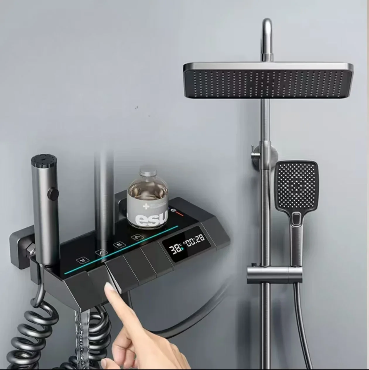 Gun Gray Digital Display Intelligent Showerhead Complete Pressurized Hygiene Conditions Bath Shower Faucets Shower Set Soft Jet