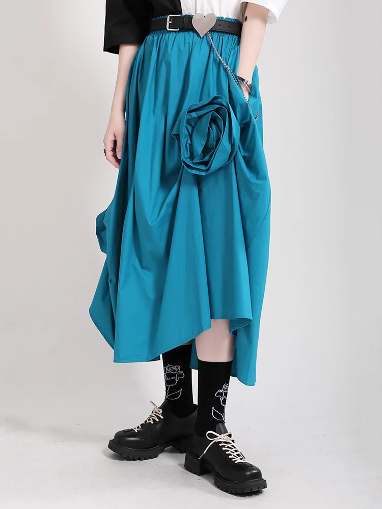 [EAM] High Elastic Waist Blue Three Dimensional Flower Pleated Half-body Skirt Women Fashion New Spring Autumn 2024 1DF5749