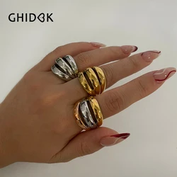 GHIDBK Stainless Steel 18K Gold Silver Plated 3 Splicing Color Chunky Dome Ring Multi-Layer Hollow Rings for Women Men Unisex