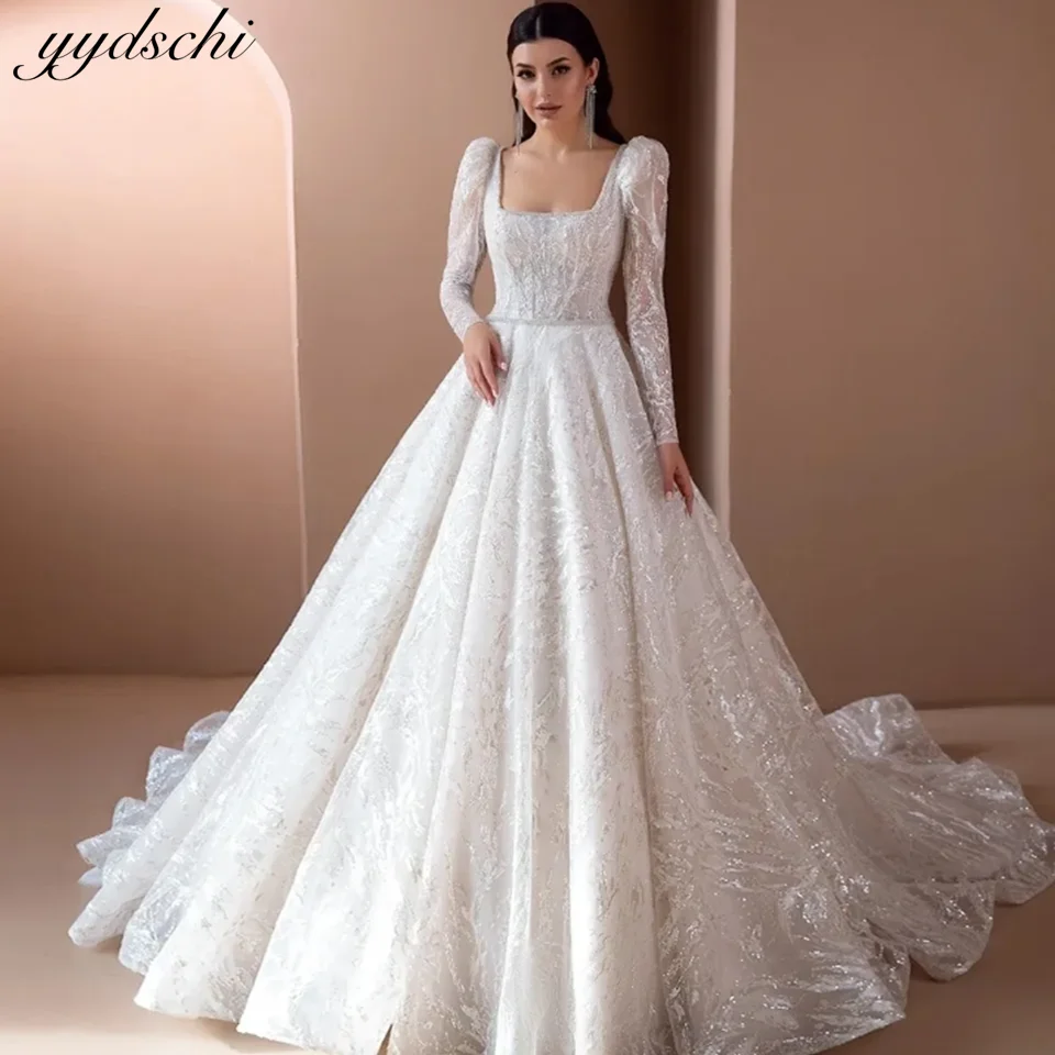 

Bridal Gowns Exquisite Embroidery Wedding Dresses Sweetheart Lace Appliques Custom Made Jewel Long Sleeves Sweep Train Ball Gown