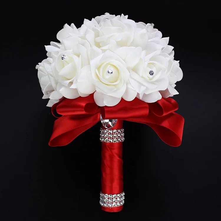 AYiCuthia Cheapest PE Rose Bridesmaid Wedding Foam flowers Rose Bridal bouquet Ribbon Fake