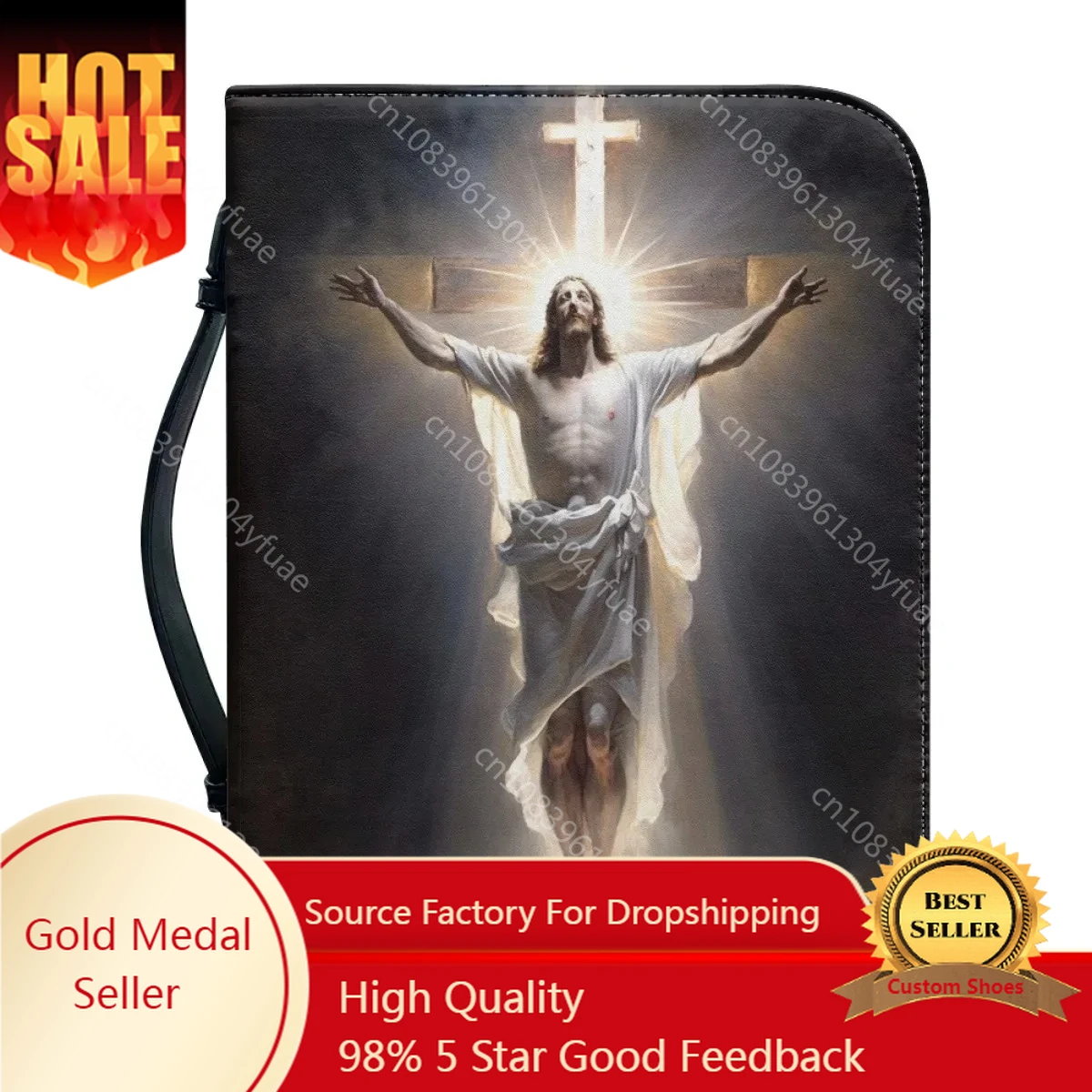 

Jesus Pattern Print Bible Cover Case Leather Bible Bag for Women Zipper Handle Handbags Christian Practical Bible Storage Bags