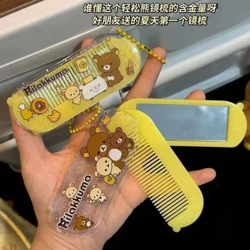 

Расческа Rilakkuma с зеркалом, мини-щетка для волос в стиле аниме Relax Bear, женская дорожная портативная складная расческа с челкой, стеклянная расческа для девочек, подарок