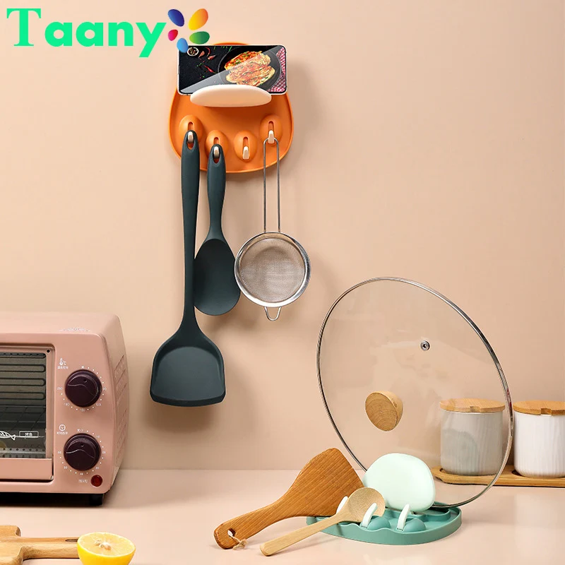 Kitchen free punching cat claw pot lid rack multifunctional wall-mounted hook storage rack creative soup spoon chopstick rack