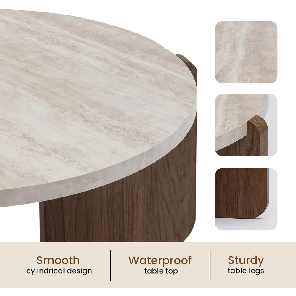 طاولة قهوة مستديرة معاصرة - قاعدة قوية، مركز خشبي، سطح من الرخام الصناعي لغرف المعيشة والاستقبال