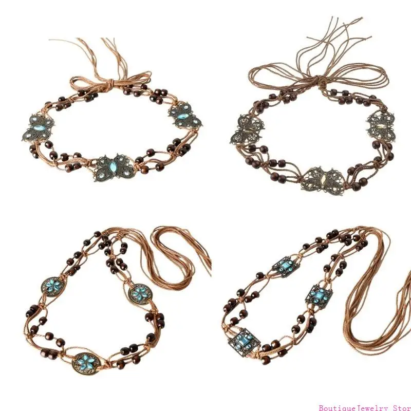 

E1PE Women Bohemian Waist Belt Rope Chain with Tassel and Beads Retro Cotton Rope Braided Waist Belt for Casual Dress