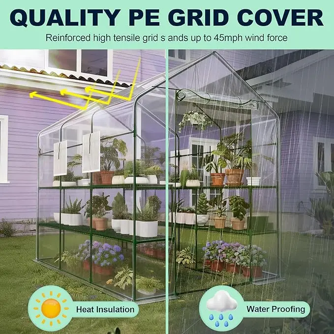 57 x 85 x 77 In  Portable Outdoor Greenhouse, Heavy Duty Walk-Through Greenhouse, Polyethylene Cover, Mesh Door and Viewing Windows