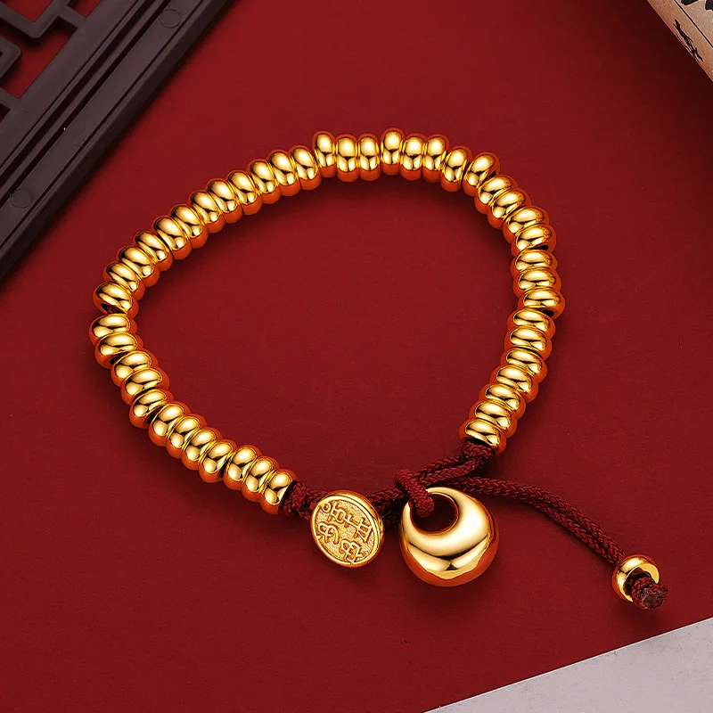 

24k Real Gold 9999 Women New Style Smooth Gold Tuotuo Peace Joy Money Wrapping Red Rope Bracelet Simple China-Chic Jewelry