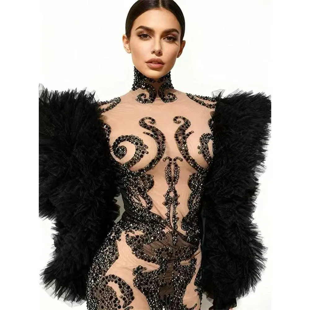 Sparkly Rhinestones Big Sheer Sleeves Short Dress Women Sexy Transparent Birthday Celebrate Evening Dress Photoshoot Stage Wear