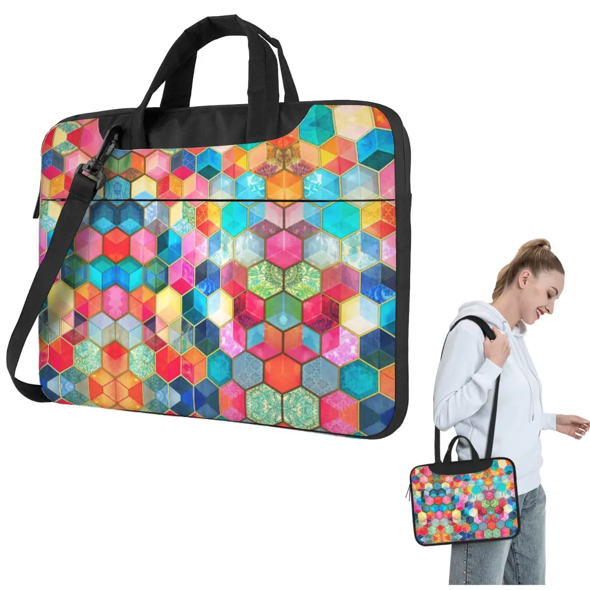 

Crystal Bohemian Honeycomb Cubes Colorful Hexagon Pattern Crossbody Laptop Bag Case Computer Bag 13 14 15.6 Inch Notebook Pouch