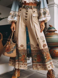 High Waist Loose Long Wide Leg Women's Pants & Trousers 2024 Spring Casual Vintage Patchwork Ethnic Style With Pocket Pants