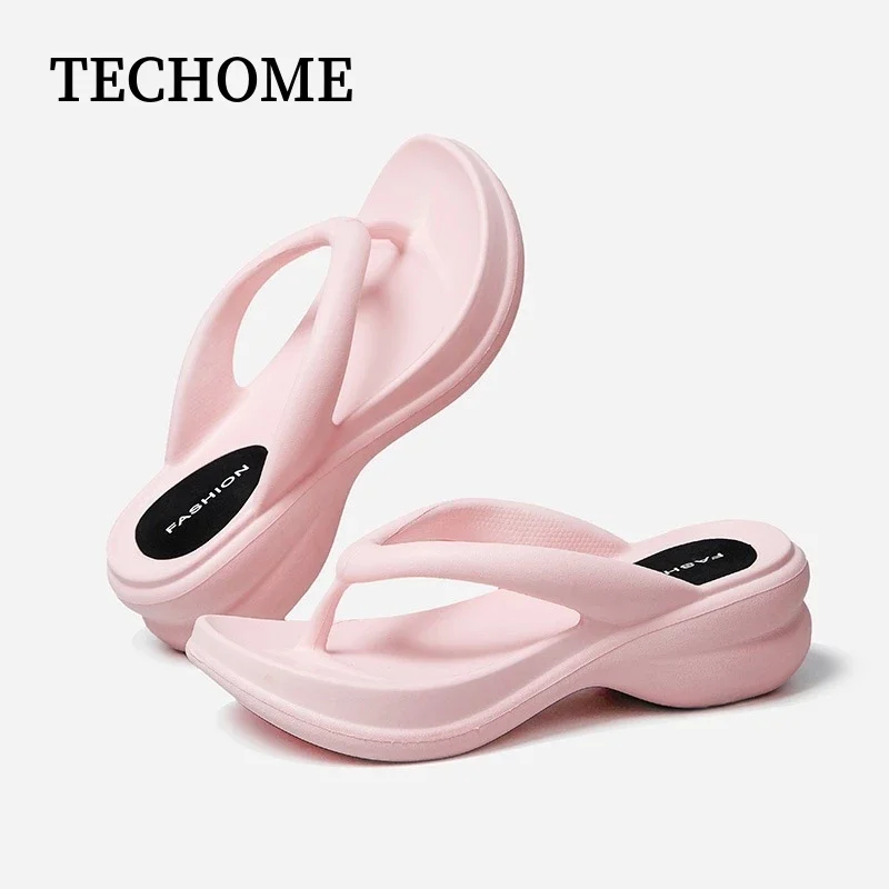 Verano 6CM mujeres moda zapatillas de tacón alto mujer interior Casual cuñas chanclas niñas al aire libre playa sandalias de plataforma gruesa