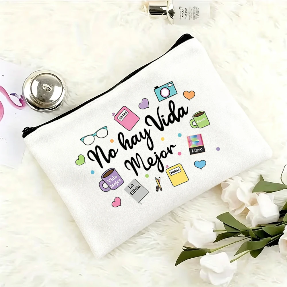 1 Piece Spanish No Hay Vida Mejor Stationery Bible Cartoon Illustration Printed Makeup Bag, Daily Lightweight Storage Bag for Believers, Artistic Faith Text-Themed Zippered Storage Bag, Portable Travel Toiletry Bag, Ideal Gift for Church Sisters on Trips