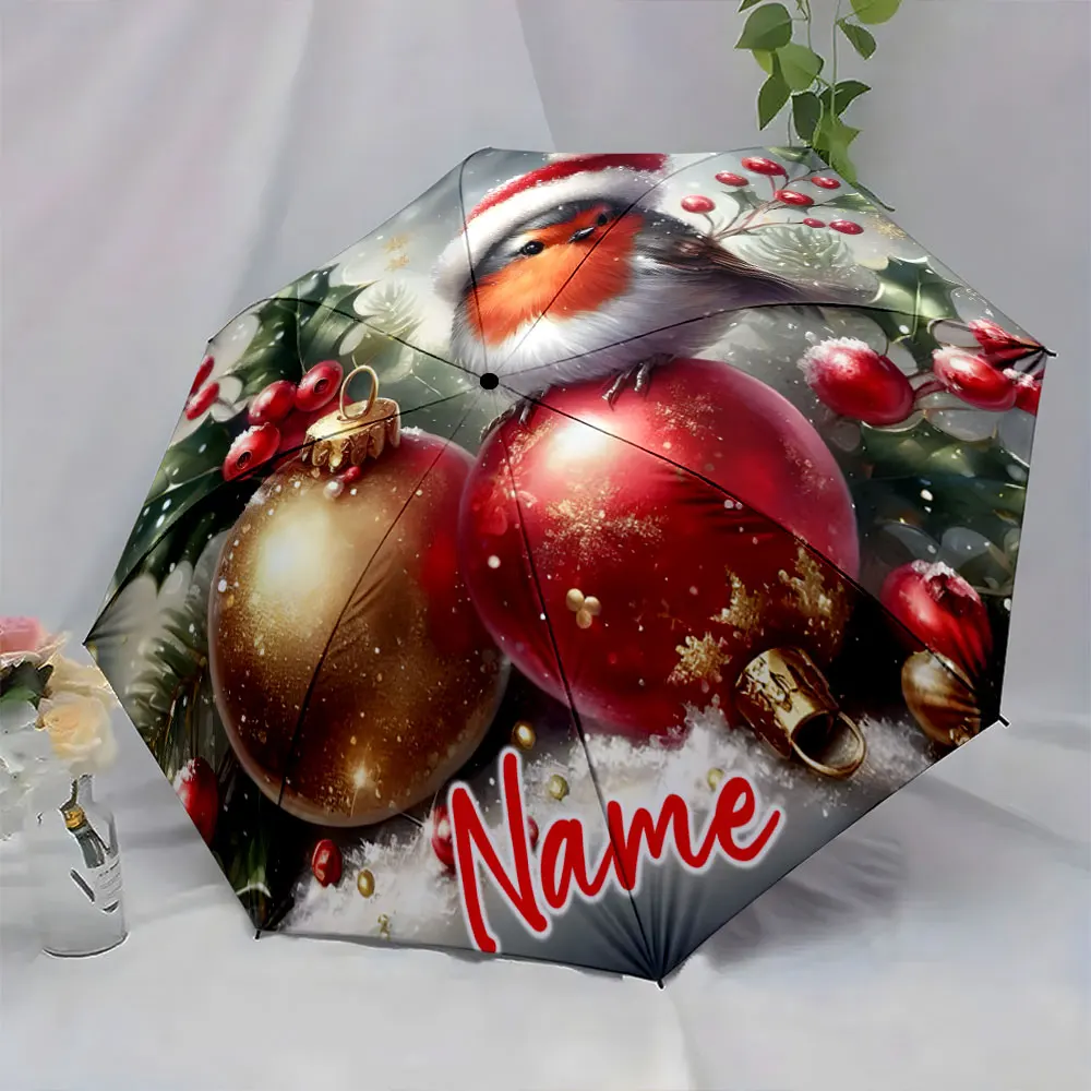 Custom Name Festive Bird and Ornaments Decorated Umbrella Design Print 8 Iron Ribs Folding Umbrella, Auto-Open Fashion Sunshade