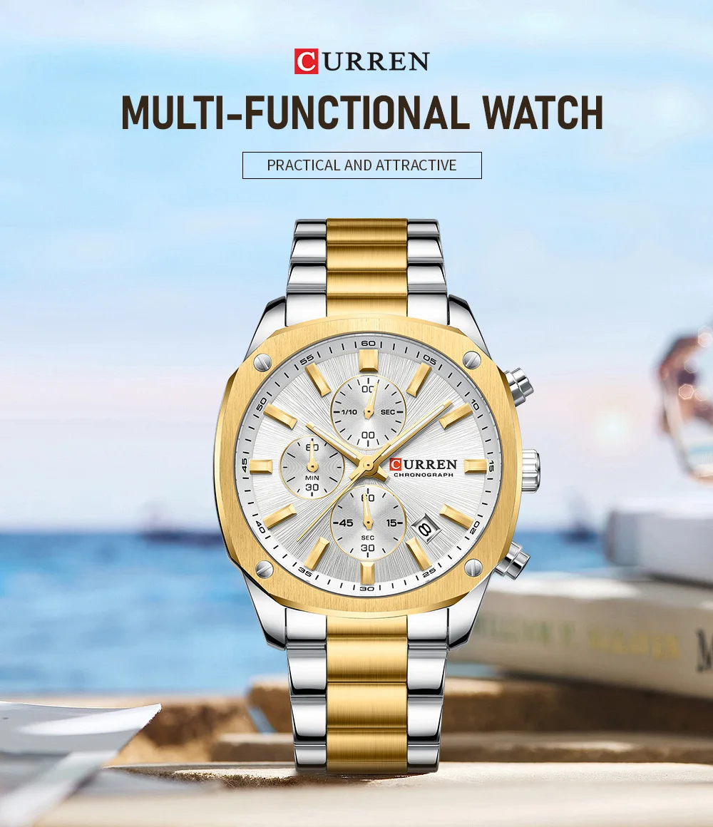 CURREN Business Casual Chronograph Uhr für Herren mit Edelstahlarmband und schwarzem Zifferblatt, leuchtenden Zeigern - Quarzwerk – Detail 2