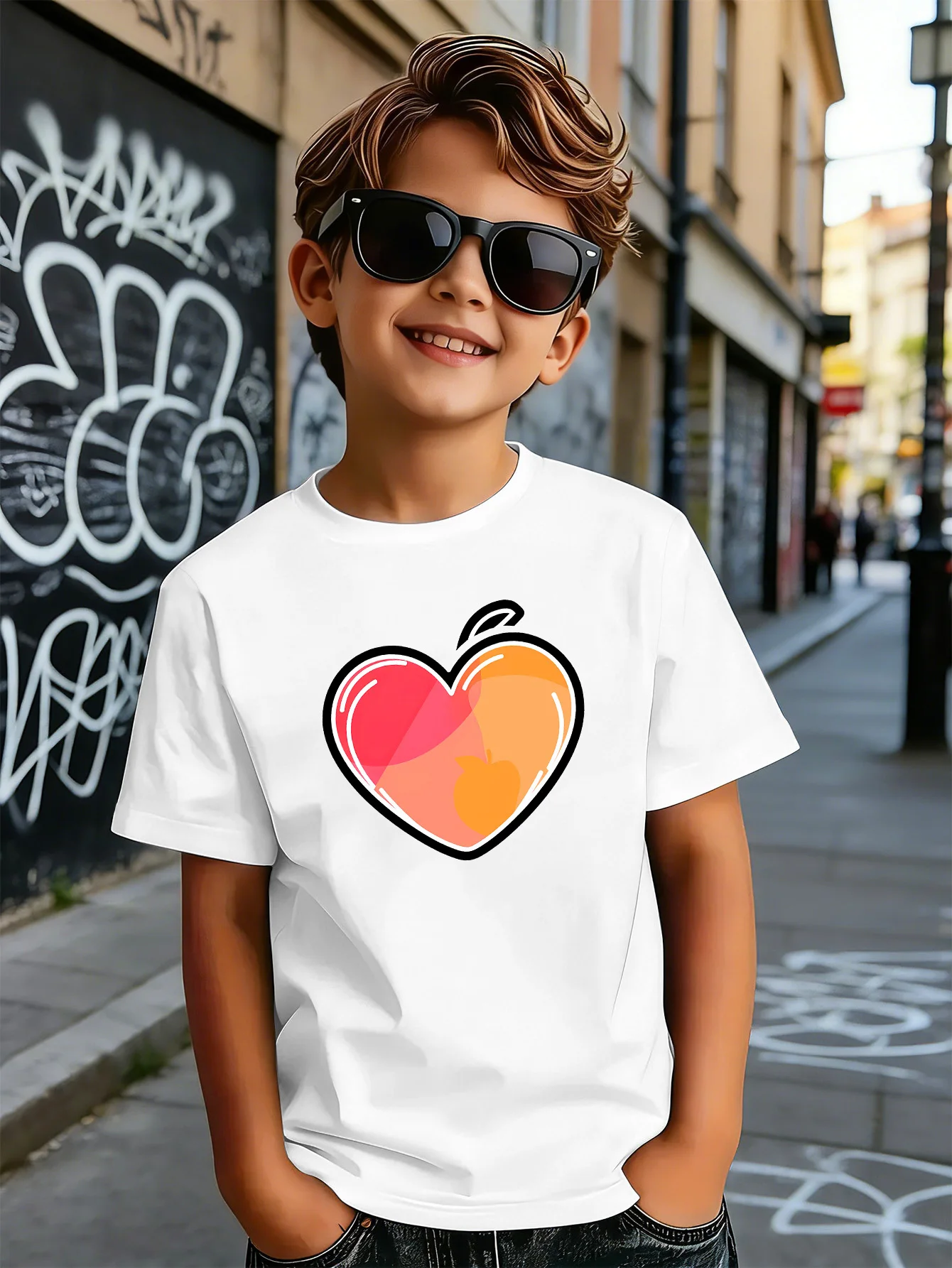 Sweet Gradient Heart Peach Graphic Print Boys Girls Family Matching Cotton Short Sleeve Crew Neck Soft Summer Kids Casual Tees