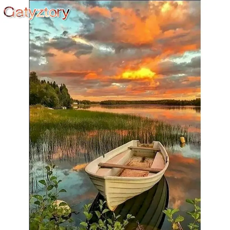 

GATYZTORY Frame Painting By Numbers Modern Riverside Sunset Scenery Acrylic Picture By Number Diy Handwork For Home Decors