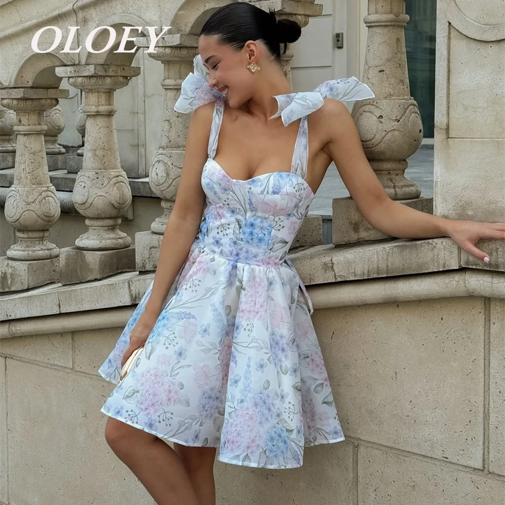 

OLOEY Fairy Floral Print Short Prom Cocktail Dresses Spaghetti Straps A-line Organza Party Gowns Vestidos De Noche Customized
