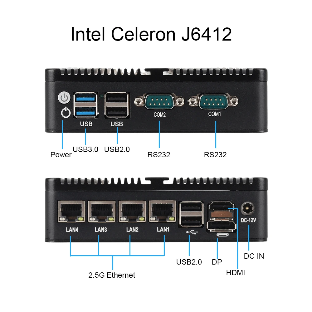 Intel Celeron J4125 J6412 Fanless Industrial Mini PC 2x COM 4x 2.5G Ethernet Win10 Linux Pfsense WiFi 4G LTE SIM Slot 6x USB