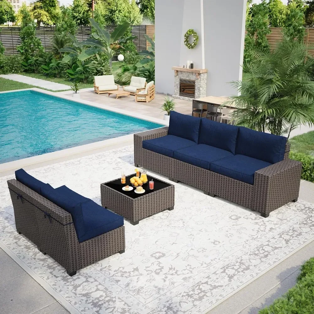 

6 Pieces Outdoor Patio Sectional Sofa Couch, Brown PE Wicker Furniture Conversation Sets with Cushions & Glass Coffee Table