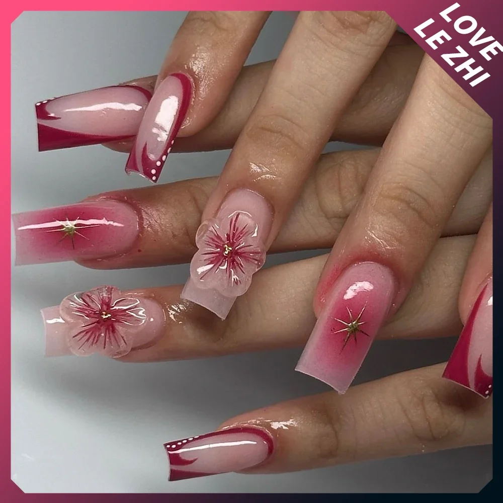 3D French Lilies Flower Gel Nails Art Handmade Almond Squares Coffin High-End Fainting Gradient Fake Nails Women Birthday Gift