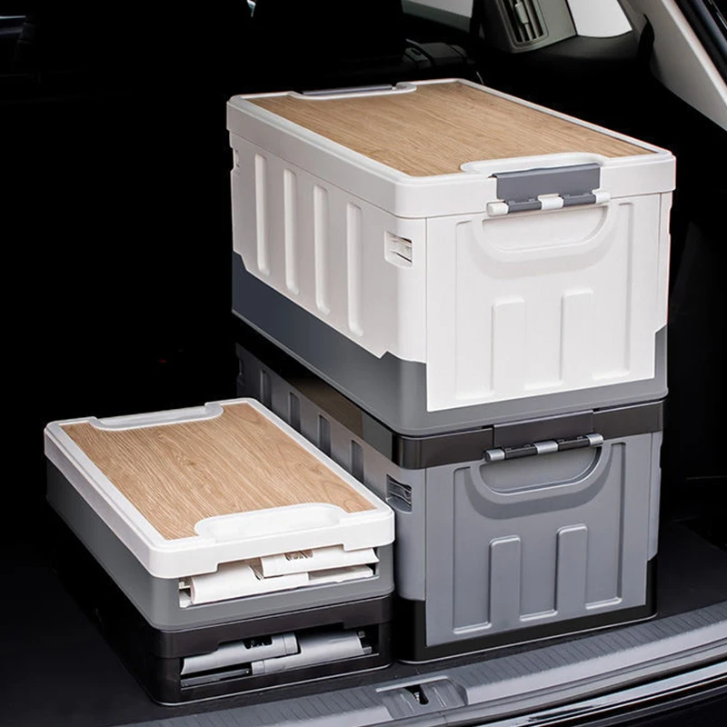 35L Plastic Folding Storage Box Outdoor Picnic Car Trunk Wood Grain Storage Bin Large Capacity Organizers Camping Container Set