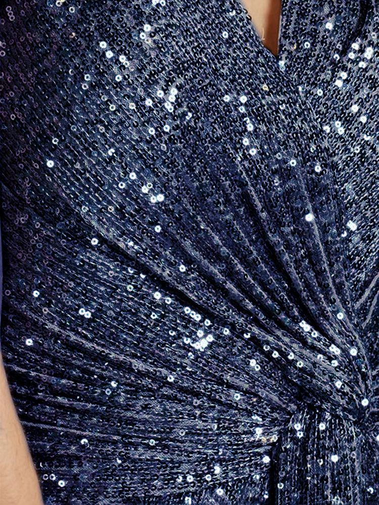 럭셔리 블루 플로어 기장 V넥 이브닝 드레스 여성 우아한 웨딩 파티 맥시 스팽글 반팔 프롬 칵테일 가운