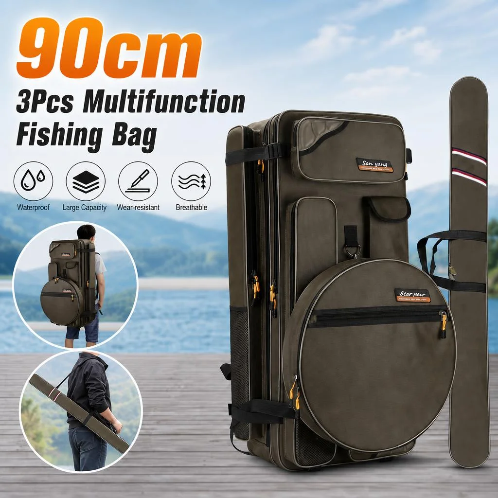 Image of 90cm 3-teiliges Set Oxford-Stoff Multifunktions-Angelstuhltasche Angelausrüstung Rucksack Angelruten-Taschen Tackle-Angelköder-Aufbewahrungstasche