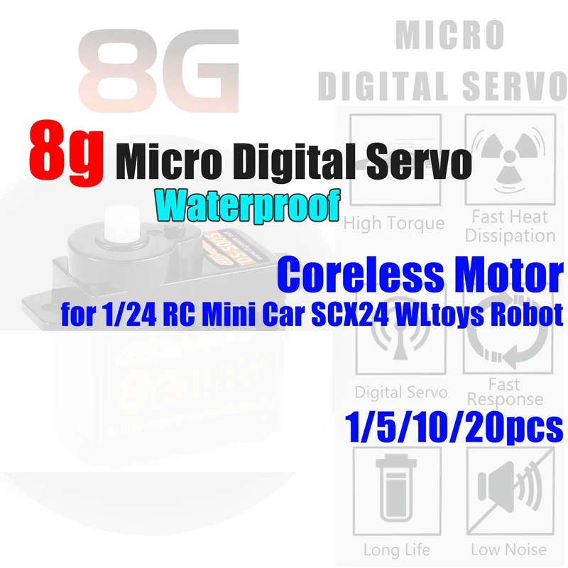 

DSPOWER 8g Micro Digital Waterproof Servo 1.4kgf.cm torque Coreless Motor for SCX24 WLtoys K969 K999 1/24 RC Car Airplane Robot