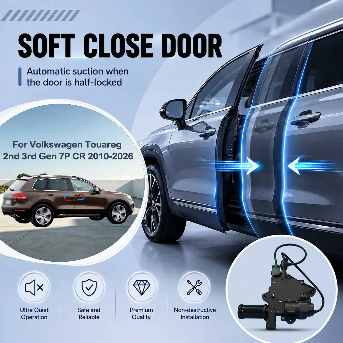 For Volkswagen Touareg 2nd 3rd Gen 7P CR Electric Soft Close Door Auto Pull-In Suction Lock Intelligent Silent Closer Kit