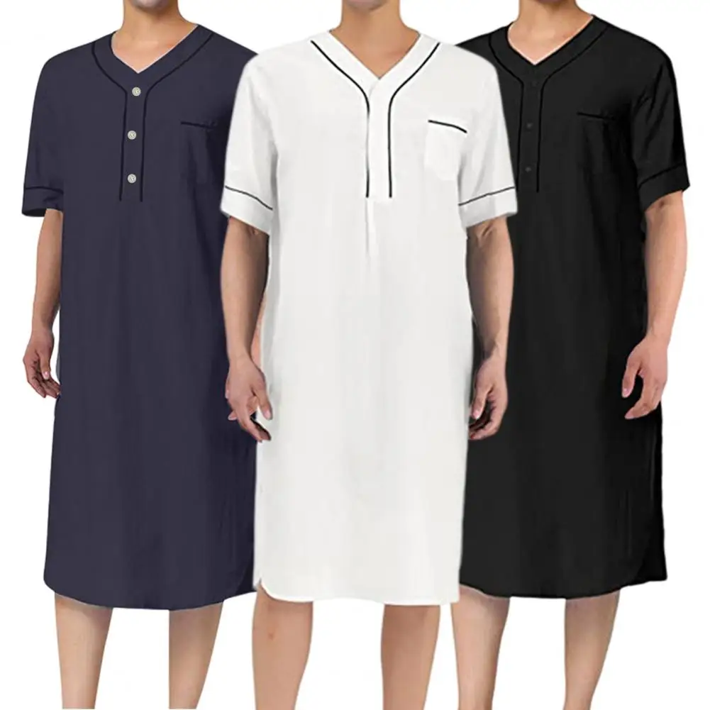 Men Nightgown Comfortable Men\'s V-neck Nightgown with Patch Pocket Solid Color Mid-calf Length Sleep Robe for Leisure Home Wear