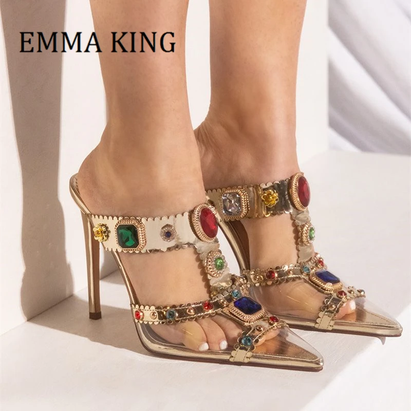 

Summer Women Embellished Gem Pumps Sexy Pointed Toe PVC Metallic Leather Slippers Stiletto Heel Mules Bling Party Dress Shoes